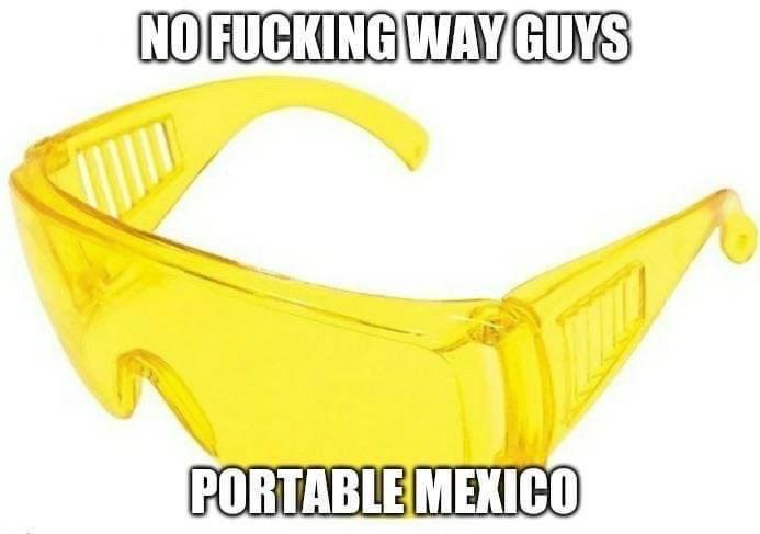 A pair of yellow safety goggles is shown against a plain white background. Bold white text with a black outline is overlaid…