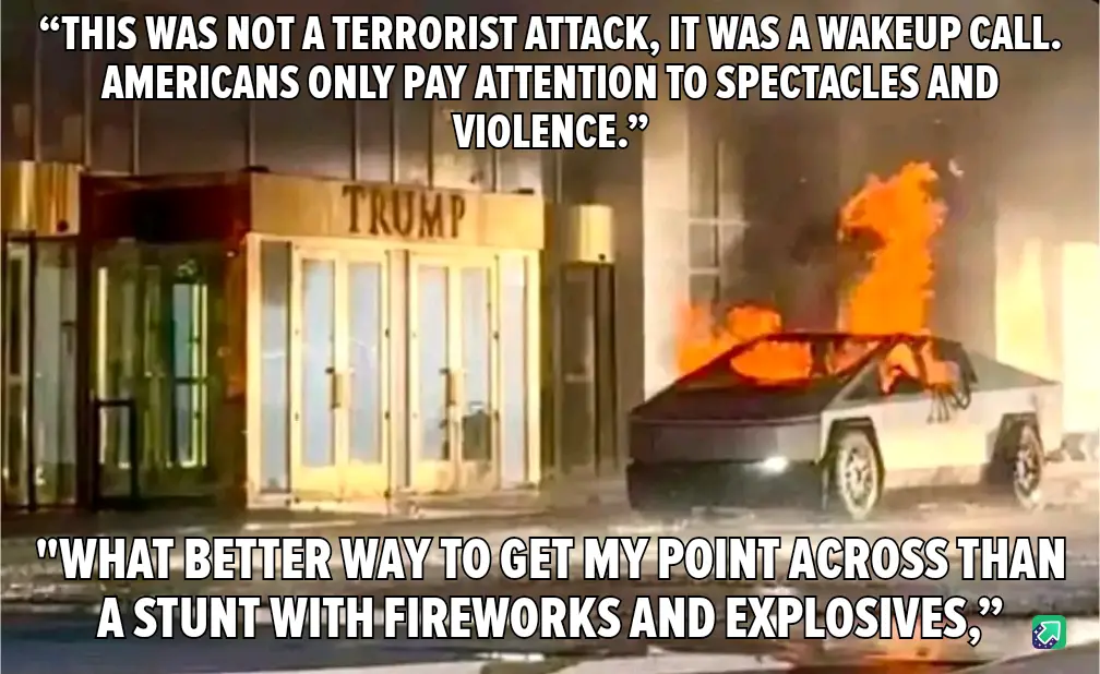 A burning Tesla Cybertruck is parked in front of a building with a 'TRUMP' sign above its entrance. White text overlays the…