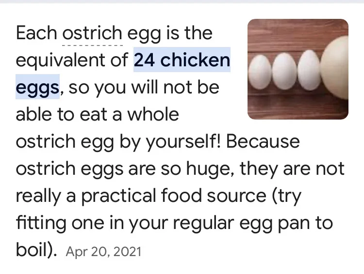 The image shows four eggs of varying sizes lined up on a wooden surface, visually comparing a tiny chicken egg to a massive…
