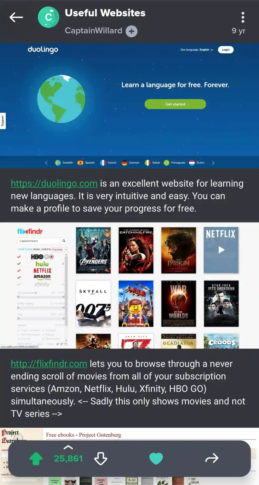 A screenshot of a social media post titled 'Useful Websites' by 'CaptainWillard' showing two recommended sites. The top…