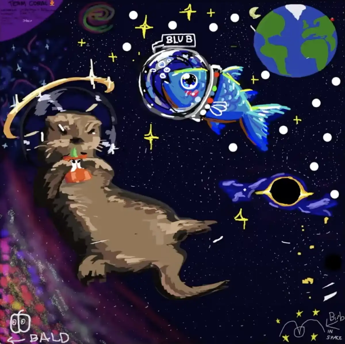 A cartoon otter wearing a space helmet floats in space next to a blue fish in an astronaut suit labeled 'BLUB'. The scene…