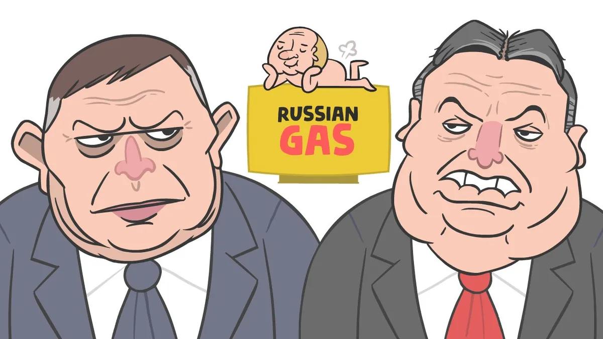 Two cartoon men in suits with angry expressions face each other. Between them is a yellow box labeled 'RUSSIAN GAS' with a…