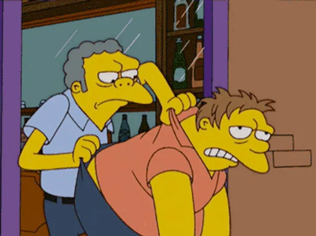 The image shows a sequence from The Simpsons where an older man in a light blue shirt forcefully pulls the shirt of a…