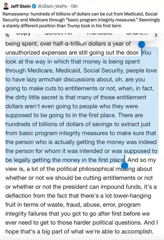 A screenshot of a tweet by Jeff Stein showing a highlighted excerpt from a quote attributed to Ramaswamy. The text argues…