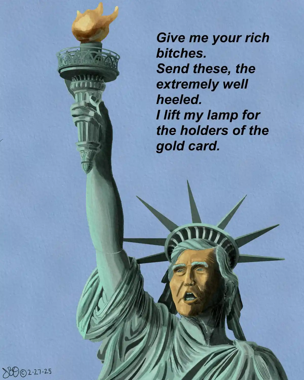 The image shows a stylized illustration of the Statue of Liberty holding her torch aloft against a plain blue background…