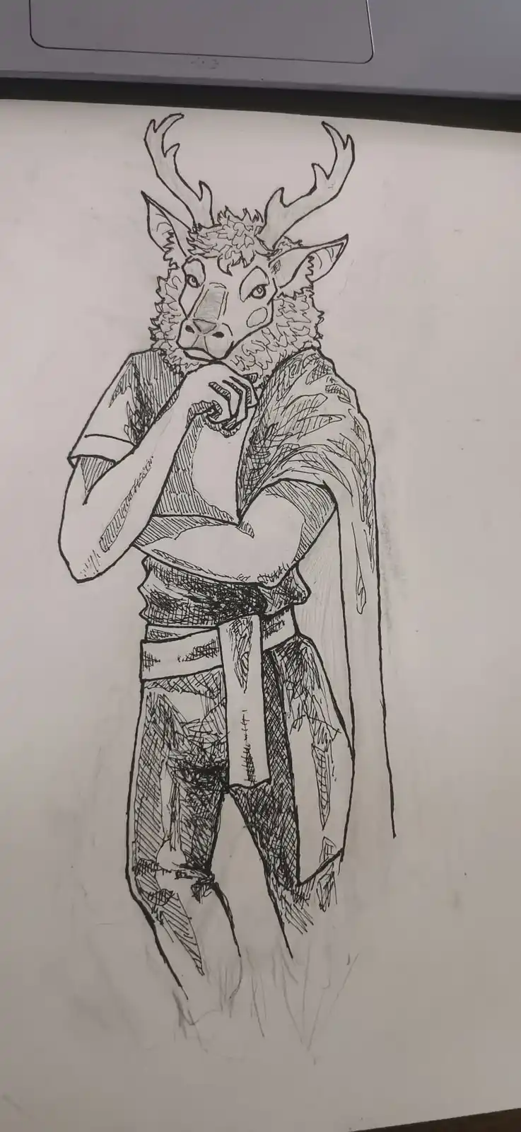 A black-and-white sketch of a deer-headed humanoid figure wearing a t-shirt and pants, standing with one hand on its chin in…