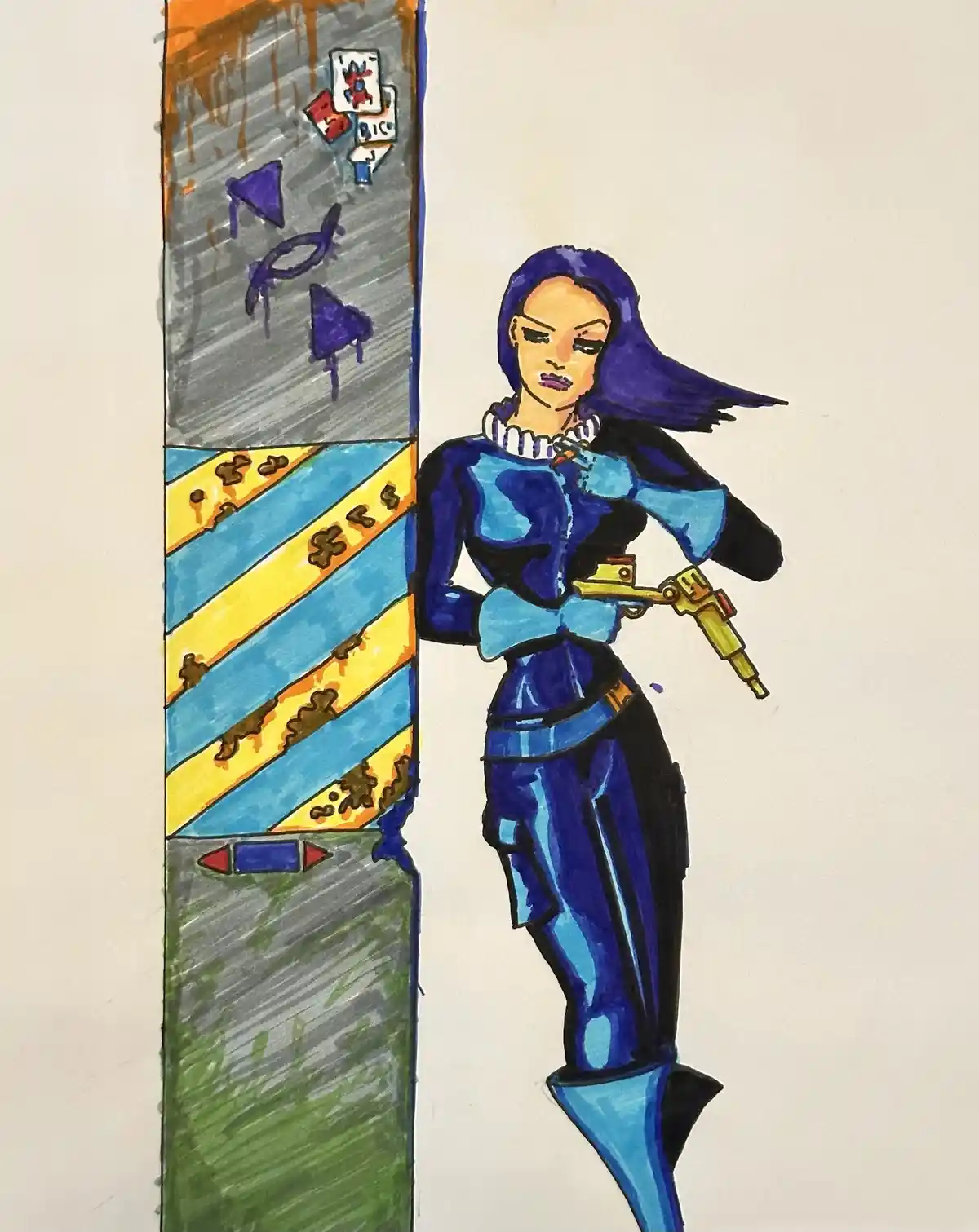 A hand-drawn illustration shows a woman with purple hair and a blue futuristic outfit holding a golden gun, standing beside…