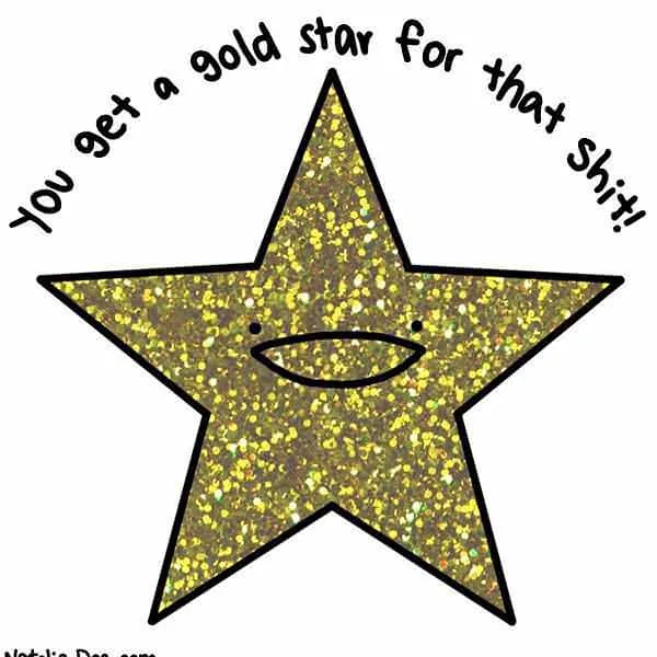 A cartoon gold glitter star with a simple smiling face has the text 'You get a gold star for that shit!' arched above it…