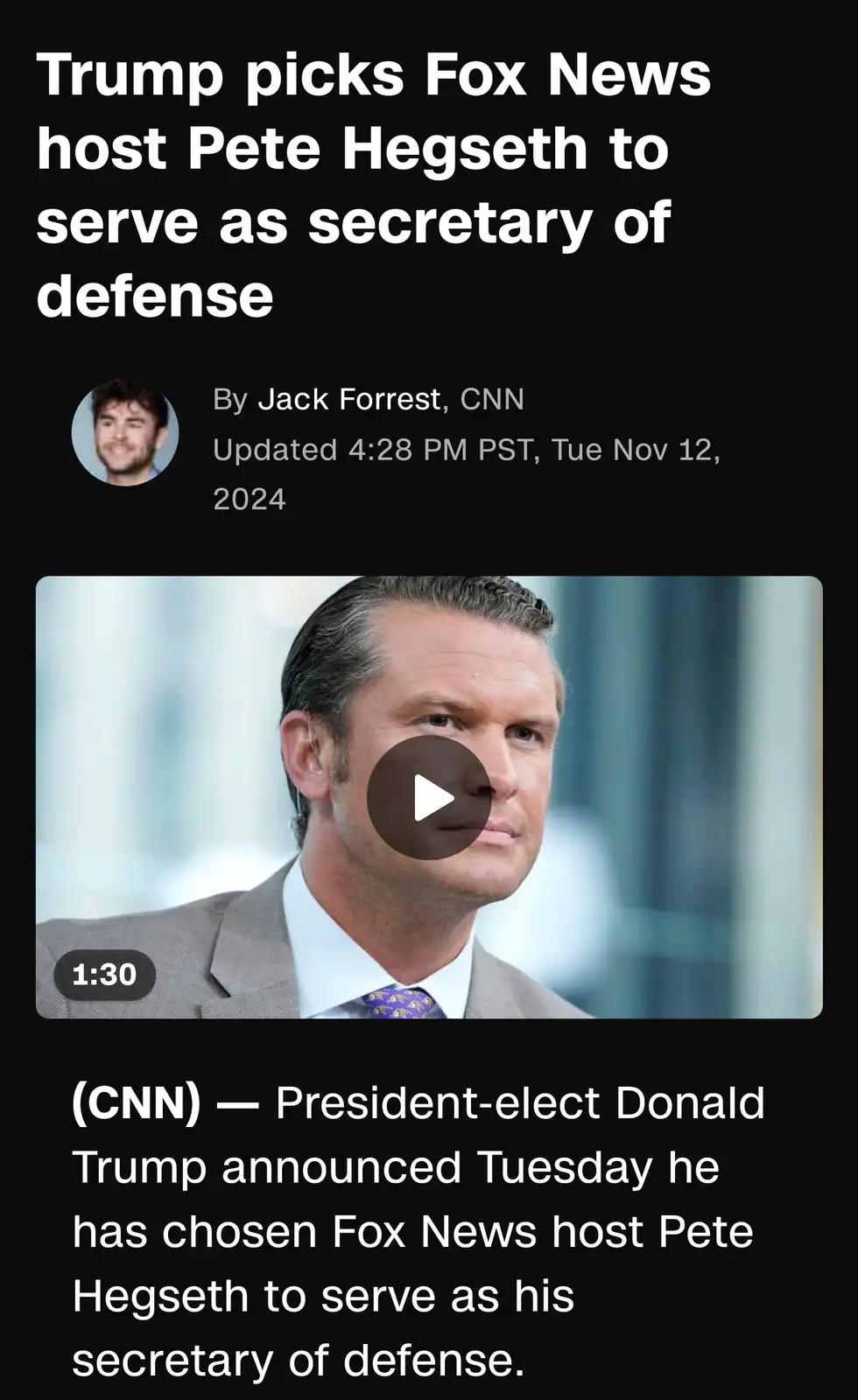 The image displays a mock CNN news article screenshot with a headline and byline, overlaid on a video thumbnail of Pete…