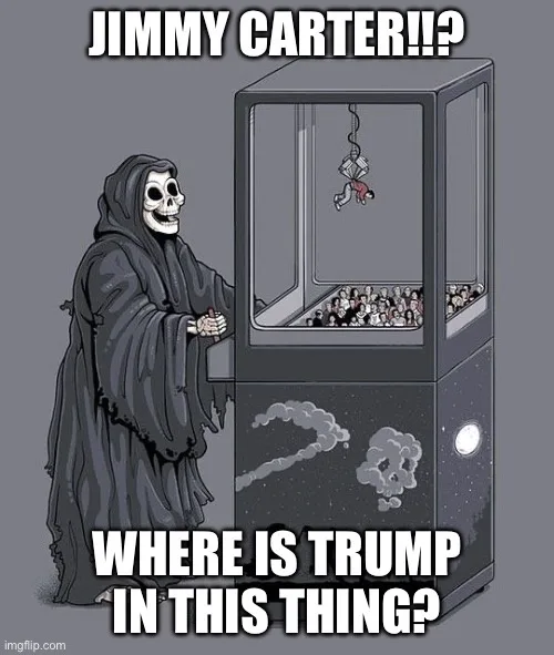 A skeletal grim reaper stands beside a large, transparent machine resembling a claw machine filled with small figures…