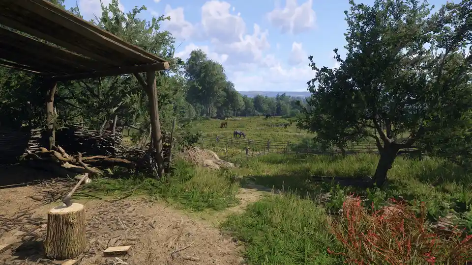 A serene rural scene with a wooden shelter, an axe on a tree stump, and horses grazing in a fenced field under a blue sky…