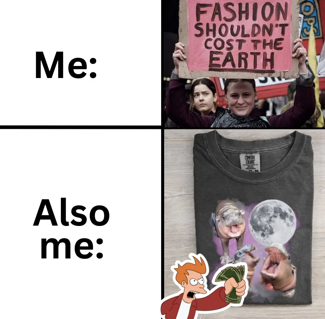 Top panel shows a person holding a pink protest sign reading 'FASHION SHOULDN'T COST THE EARTH' while smiling, with another…