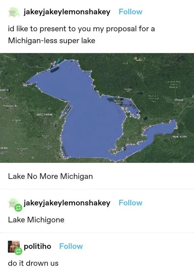 A screenshot of a social media post showing a satellite map of the Great Lakes region with Michigan's outline digitally…