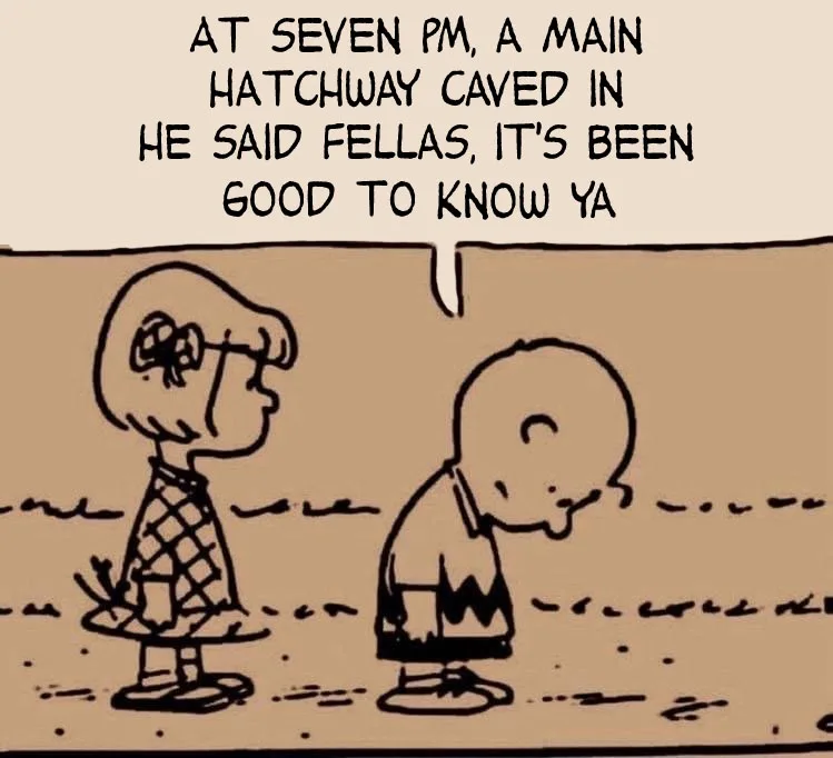 A black-and-white Peanuts comic strip panel shows Lucy van Pelt standing and looking down at Charlie Brown, who is bowing…