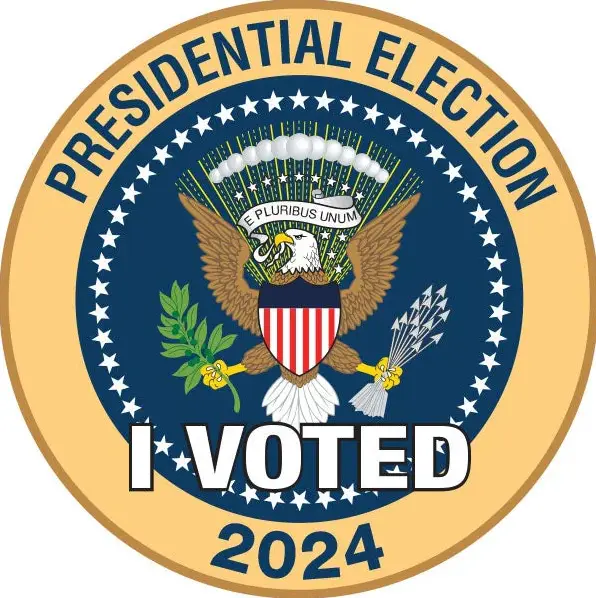 A circular seal resembling an official presidential election badge features a bald eagle holding olive and arrows, with a…