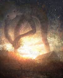 A dark, atmospheric image shows a large, shadowy, humanoid figure looming over a landscape at sunset. The figure's form is…