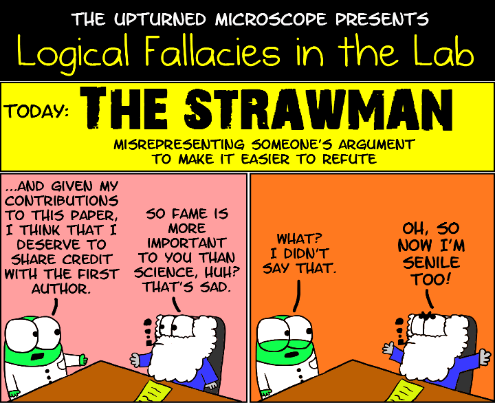 A comic strip titled 'Logical Fallacies in the Lab' explains 'The Strawman' fallacy. Two cartoon scientists argue: one…