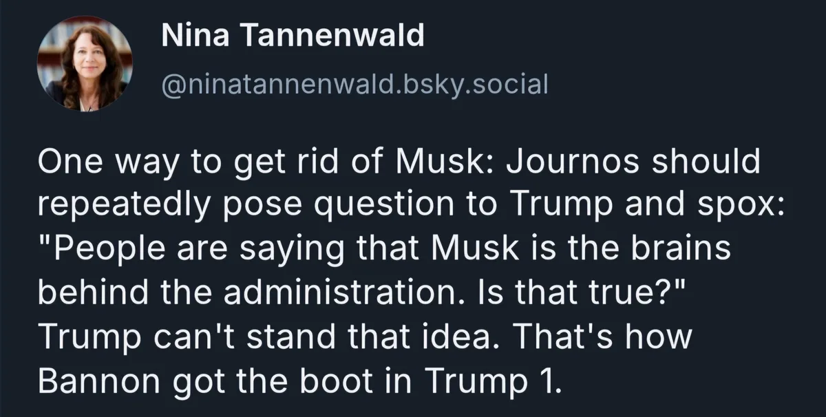 The image displays a dark-themed social media post by Nina Tannenwald, showing her profile picture and handle. The overlaid…