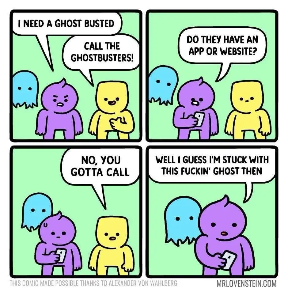 A four-panel comic shows two cartoon characters, one purple and one yellow, trying to deal with a ghost. The purple…
