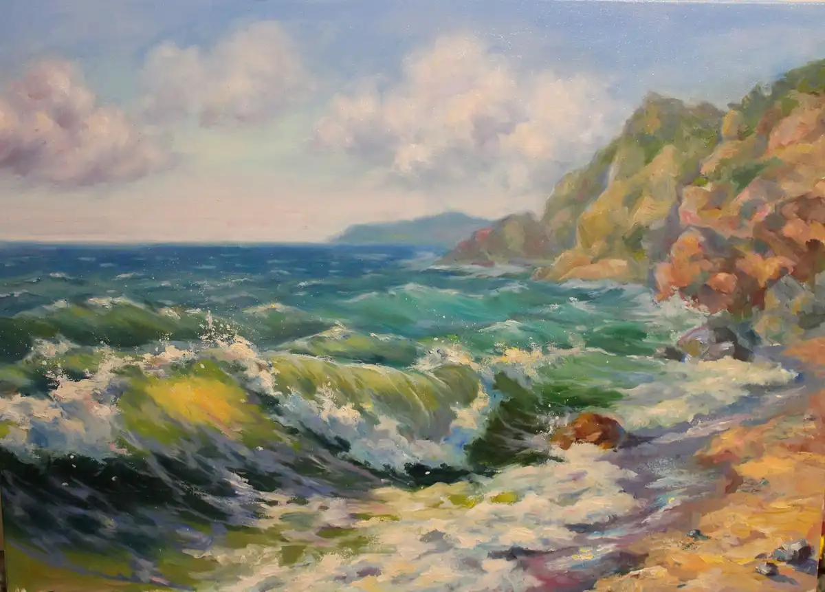 An oil painting depicts a dramatic coastal scene with turbulent green and blue ocean waves crashing against a rocky shore…