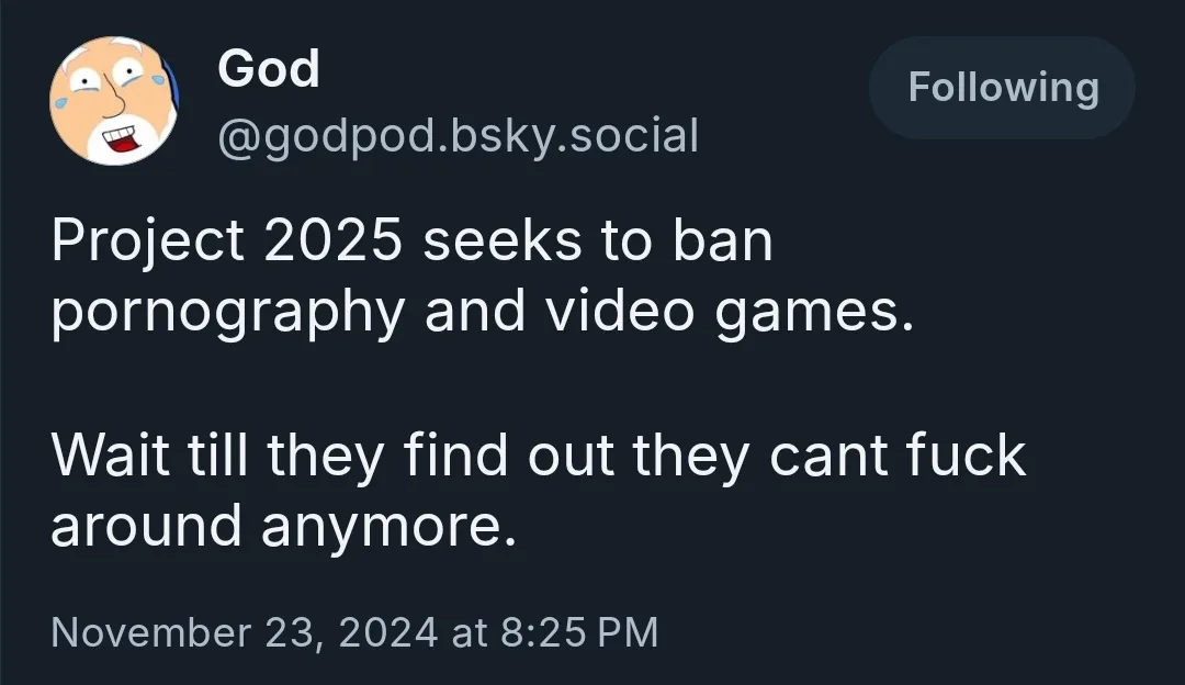 A screenshot of a social media post from a user named 'God' with a cartoon avatar of a smiling, teary-eyed old man. The…