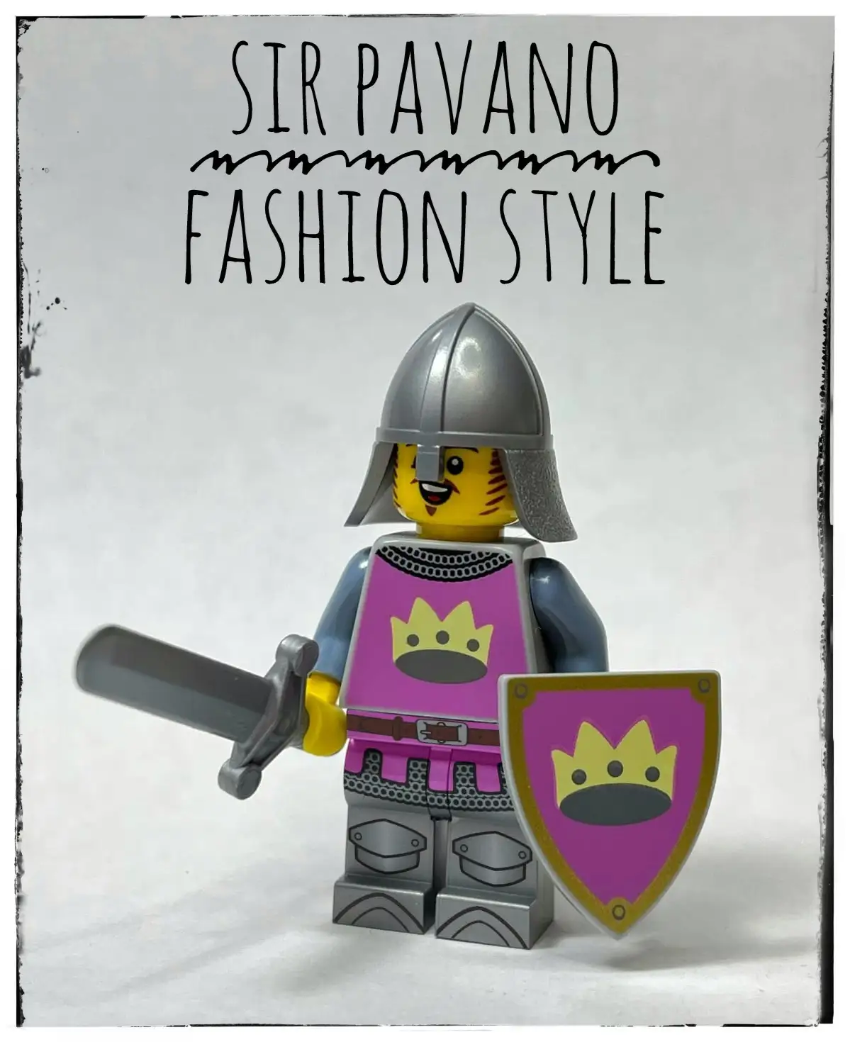 A lego knight minifigure with a silver helmet, holding a sword and shield, both featuring a yellow crown on a purple…