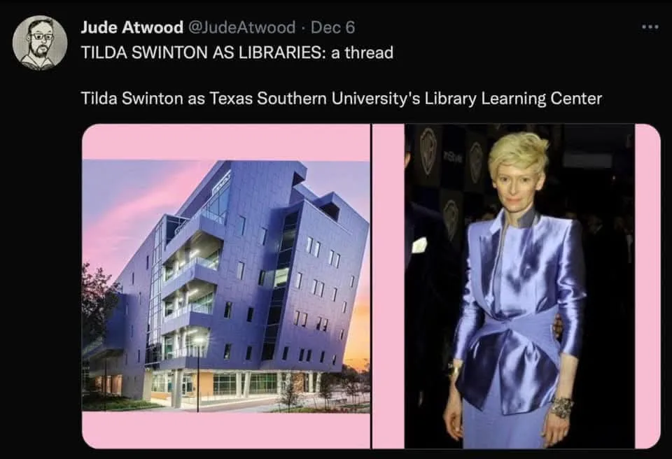 A side-by-side image compares a modern, angular purple building with a photo of actress Tilda Swinton wearing a matching…