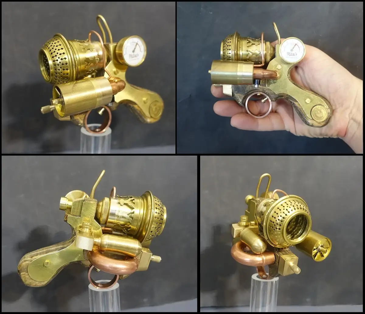 four images show a brass and copper device shaped like a pistol but with pipes, valves, and a pressure gauge labeled…