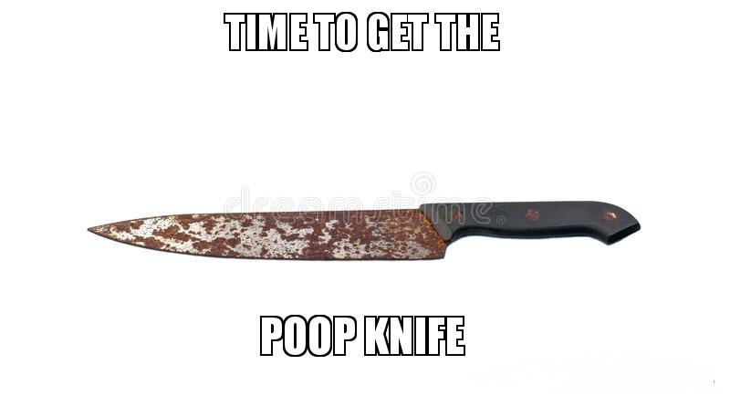 A rusty kitchen knife with a black handle is shown horizontally against a plain white background. Bold, white, outlined text…