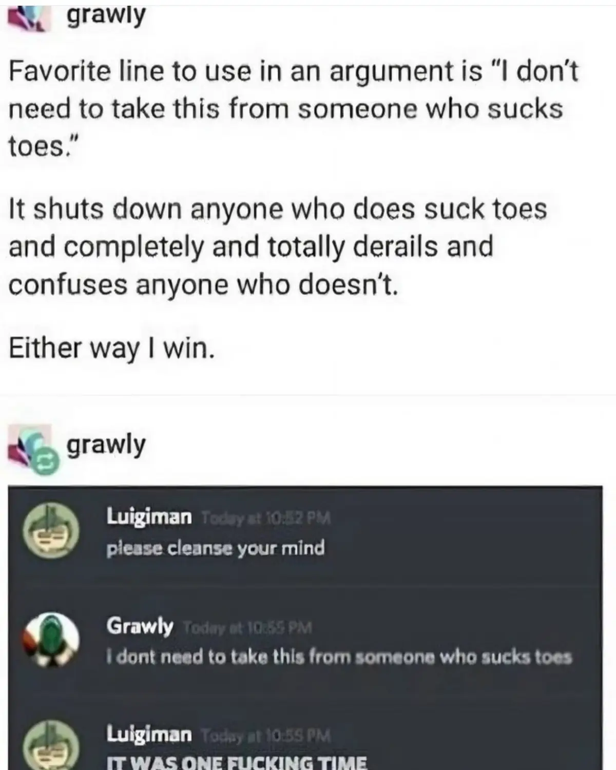 The image shows a screenshot of a Discord chat where user 'Grawly' posts a self-declared favorite argument line: 'I don't…
