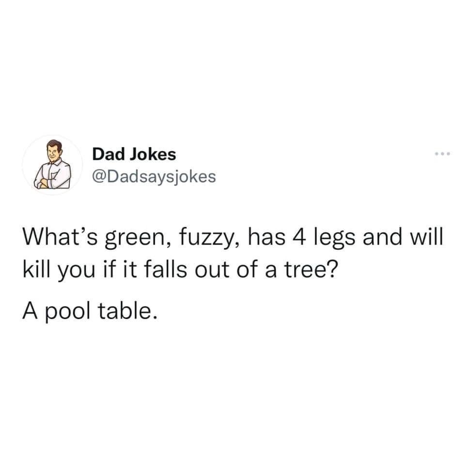 The image displays a screenshot of a tweet from the account 'Dad Jokes' (@Dadsaysjokes), which poses a riddle: 'What's…