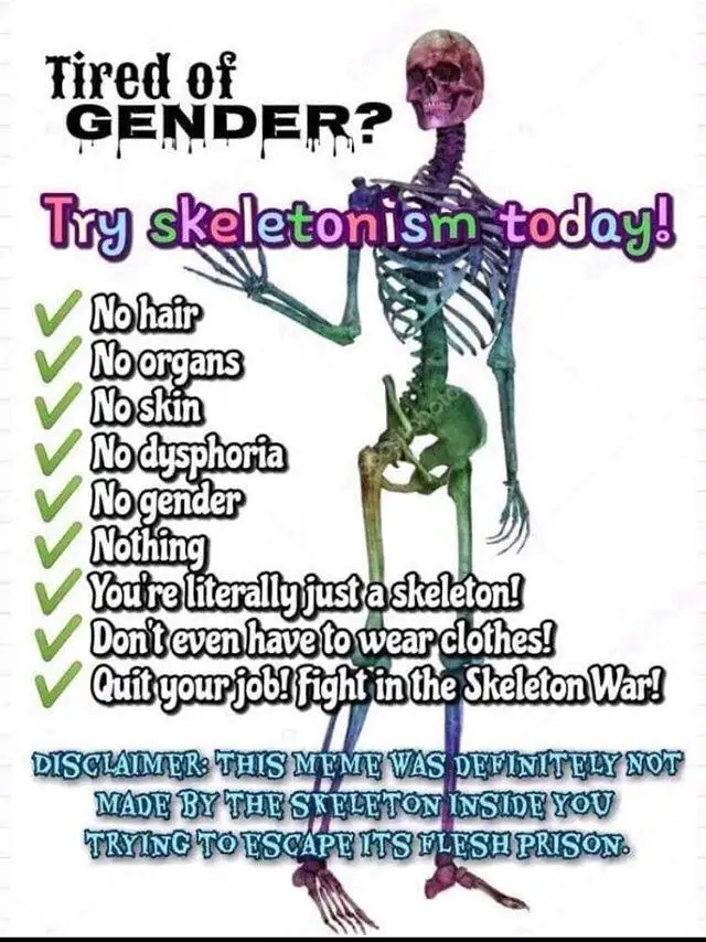 A green skeleton stands against a white background with a checklist of benefits for 'skeletonism,' including 'No hair,' 'No…