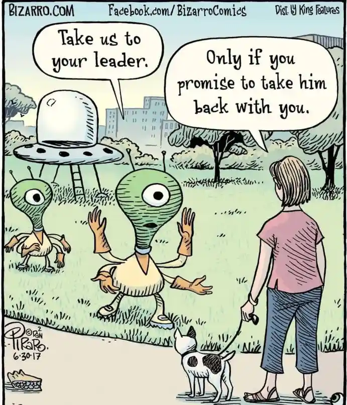 A comic strip shows two green aliens with one large eye each, standing in a park near a UFO, asking a woman walking her dog…