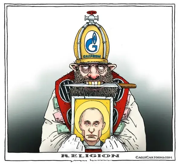 A cartoon depicts a bearded man in a white robe and red vest, wearing a yellow Gazprom gas company hard hat with a blue 'G'…