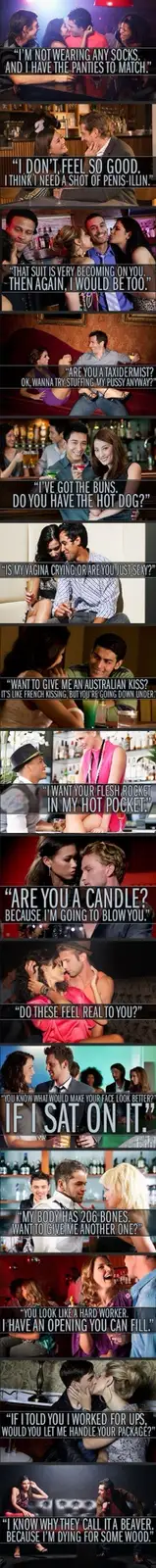 A vertical comic strip of 12 panels showing couples in various intimate or flirtatious bar settings. Each panel features a…