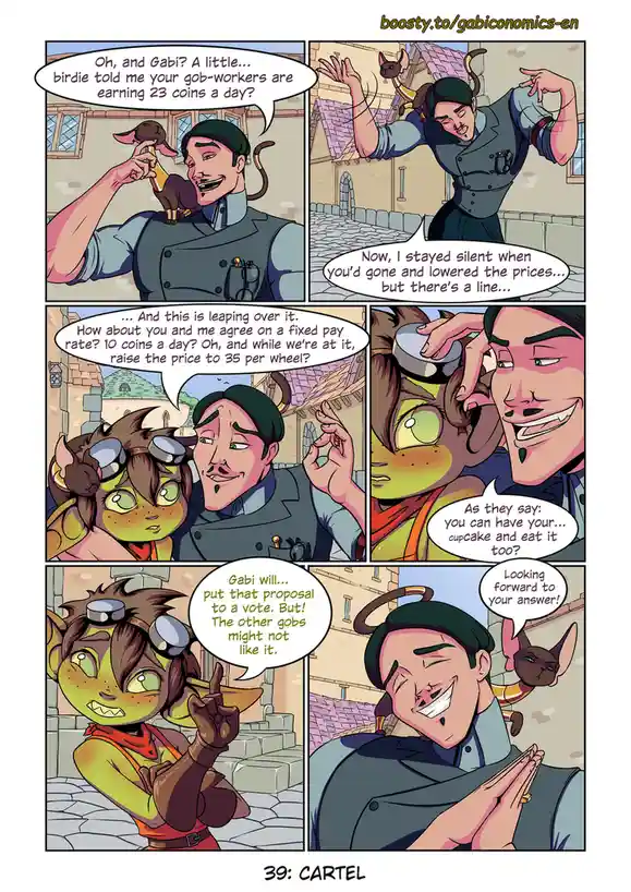 A comic strip featuring a human-like man with cat ears and a small cat companion, who proposes to a green-skinned goblin…