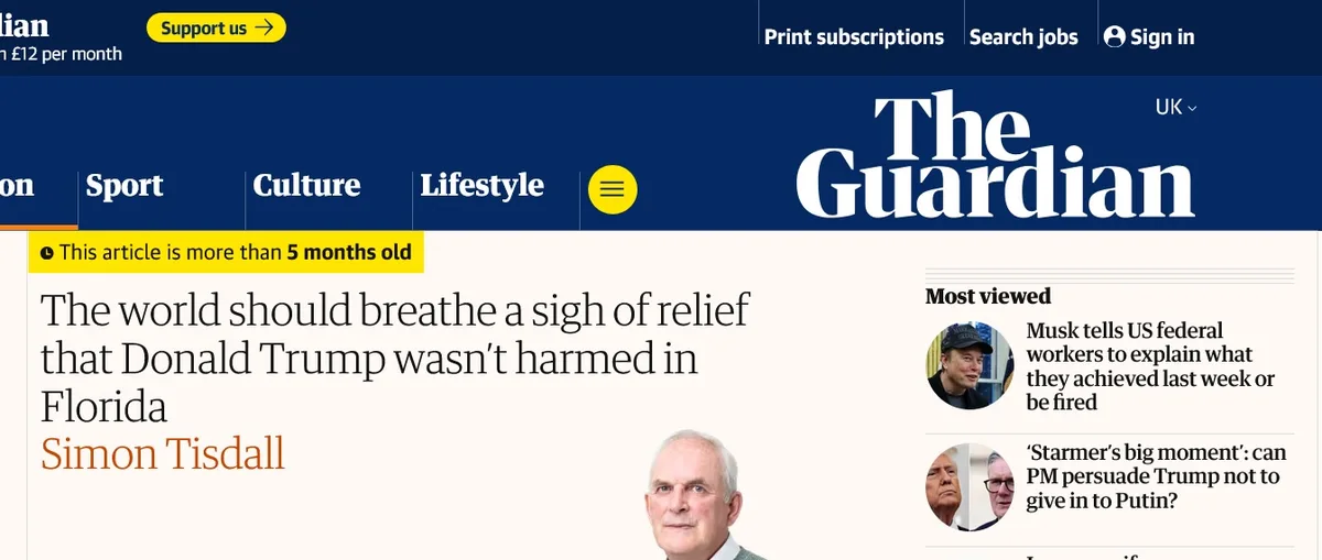 A screenshot of The Guardian's website showing an article headline that reads 'The world should breathe a sigh of relief…