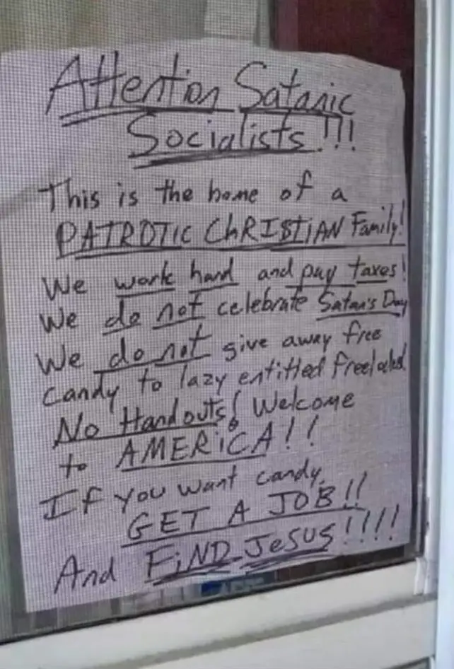 A handwritten note is taped to a screen door, written in all caps and underlined for emphasis. The note declares the…