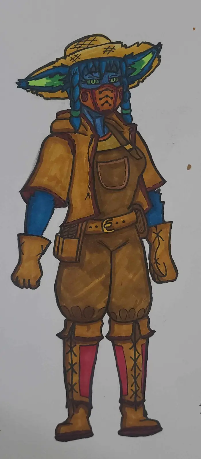 A hand-drawn illustration of a blue-skinned, green-eyed anthropomorphic character with large pointed ears, wearing a…