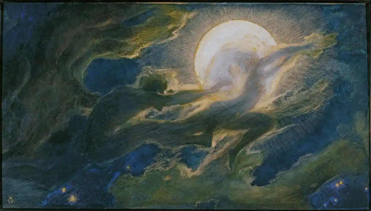 A dark, swirling painting of a night sky with a large, luminous moon partially obscured by clouds. The moon has a distinct…