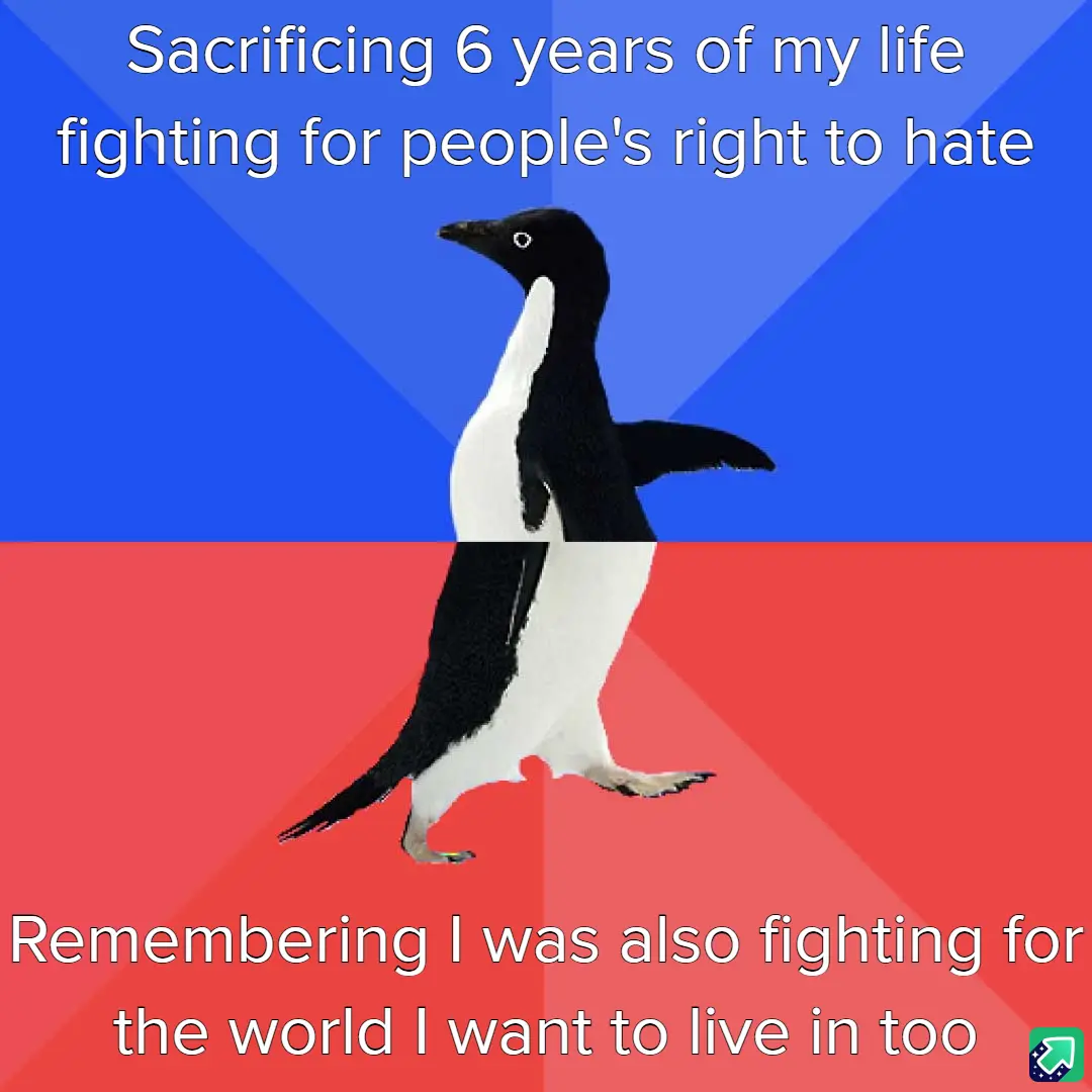 A penguin stands centered against a split background of blue and red, with white text overlaid in two sections. The top text…