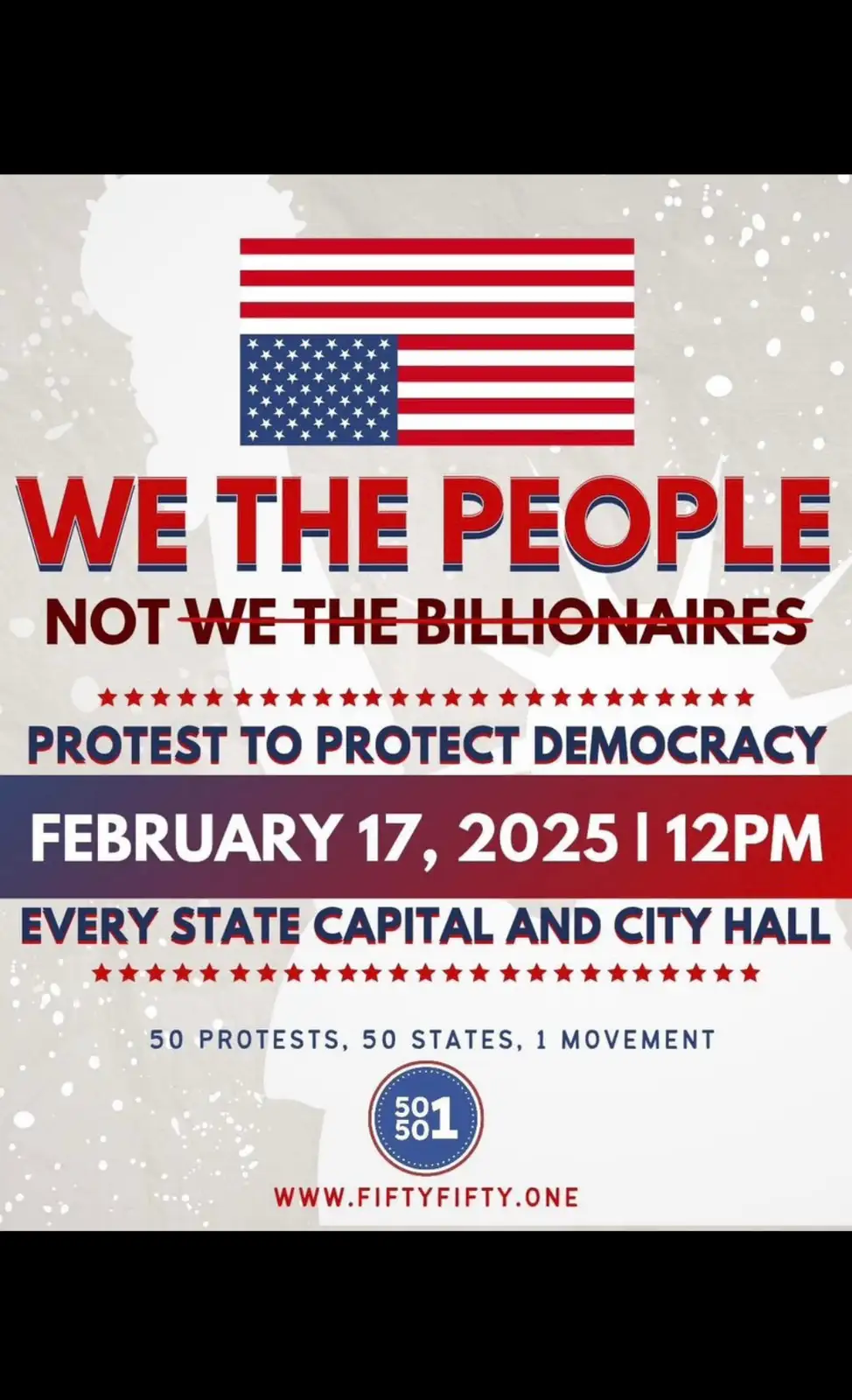 A protest poster styled like a U.S. government document features an American flag at the top. The text reads 'WE THE PEOPLE…