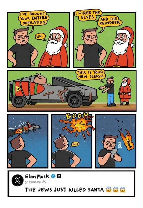 A five-panel comic depicts Santa Claus informing a man he bought his entire operation, then firing elves and reindeer…