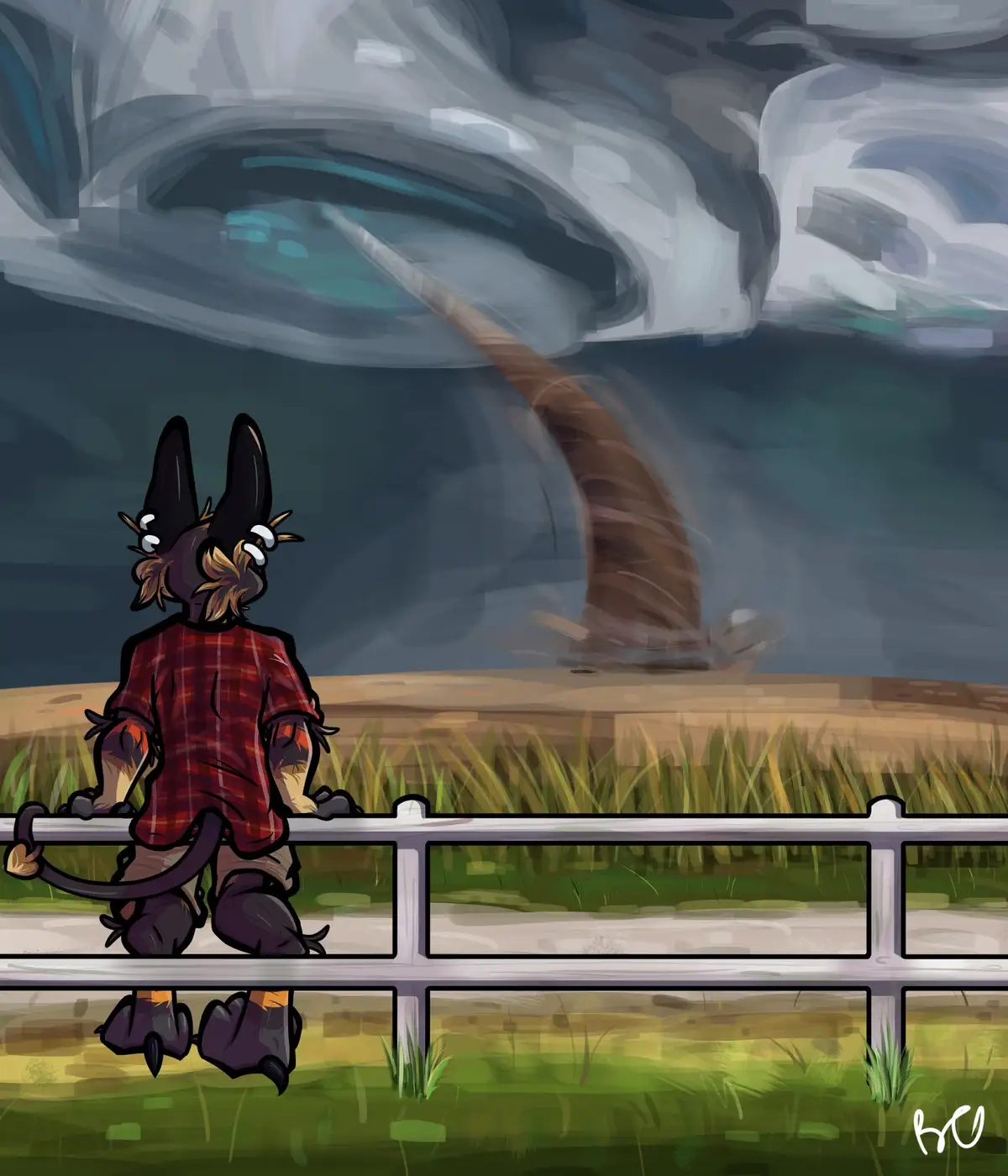 A cartoon anthropomorphic animal with large ears and a tail, wearing a red plaid shirt, sits calmly on a white fence…