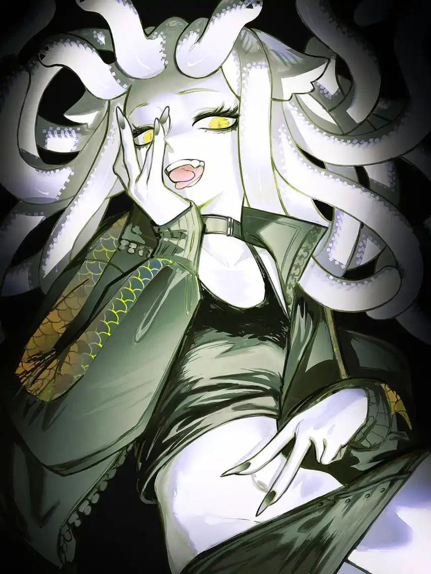 An anime-style illustration of a pale-skinned woman with long white hair and yellow eyes, surrounded by numerous white…