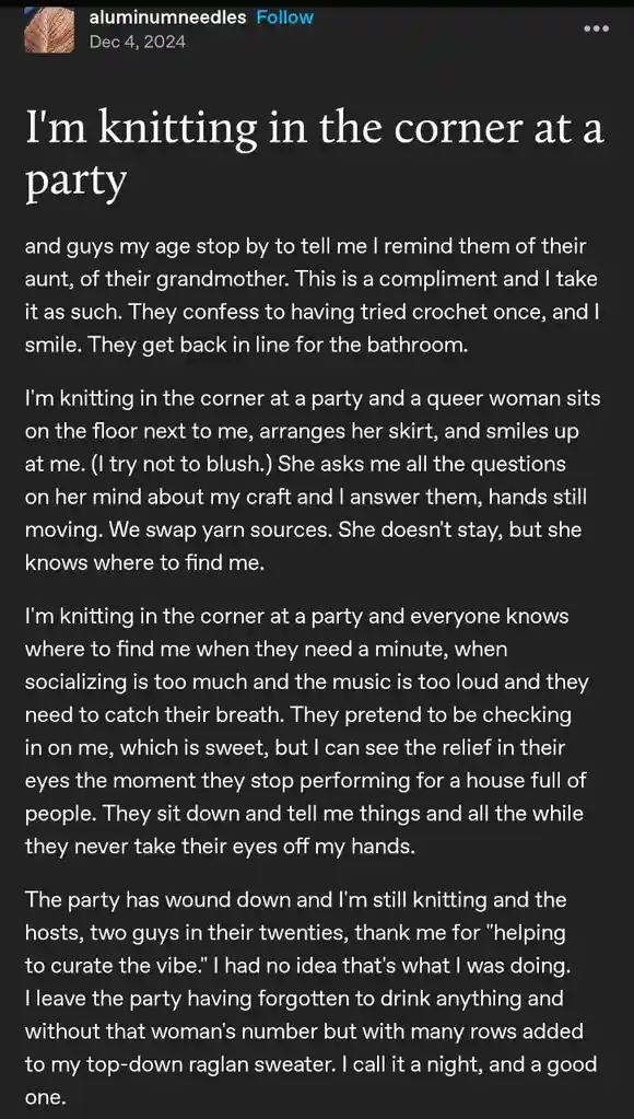 A black-background image displays a long text post by 'aluminumneedles' dated Dec 4, 2024, detailing a person's positive…