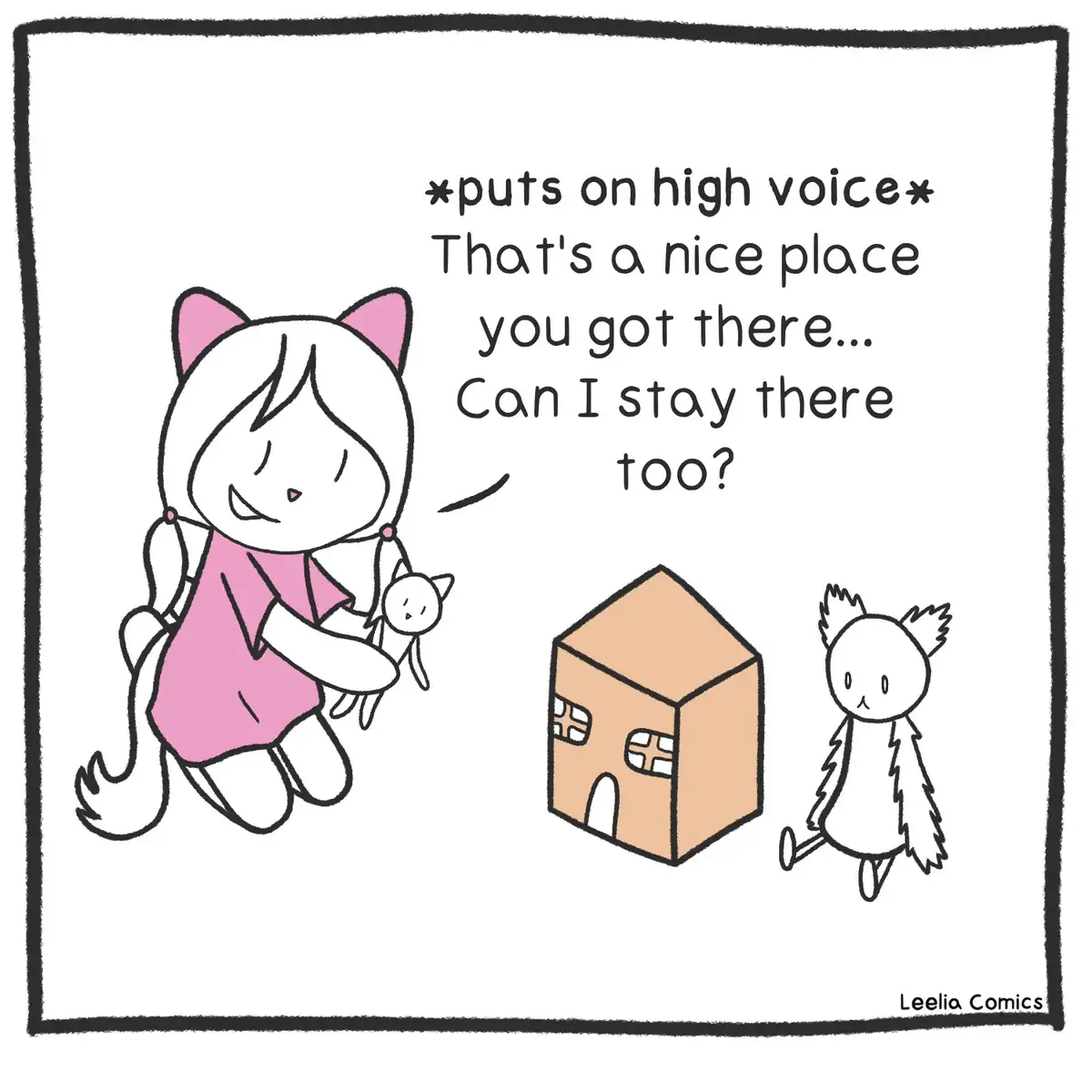 A cartoon girl with cat ears and a tail, wearing a pink dress and holding a small cat plushie, kneels and speaks in a…