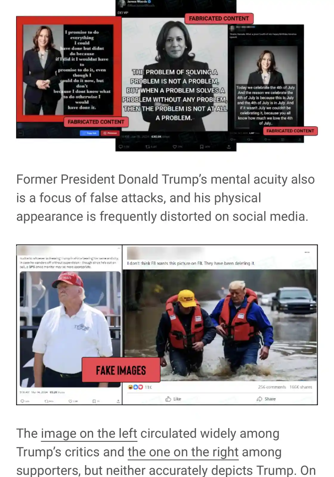The image displays three fabricated social media posts featuring Kamala Harris with absurdly convoluted text overlays…