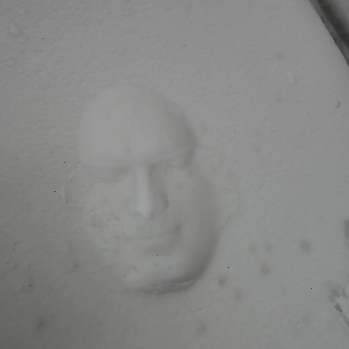 A shallow depression in fresh snow clearly shaped like a human face, with discernible features such as eyes, nose, and…