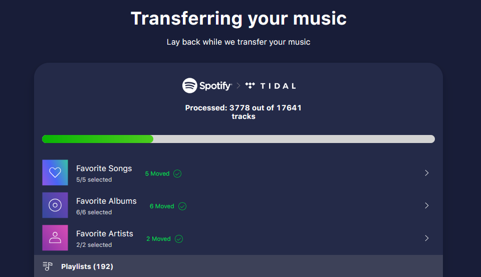 A Spotify interface shows a music transfer from Spotify to TIDAL in progress, with a progress bar indicating 3778 out of…